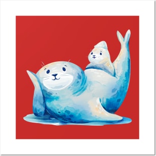Seal with Baby watercolor Posters and Art